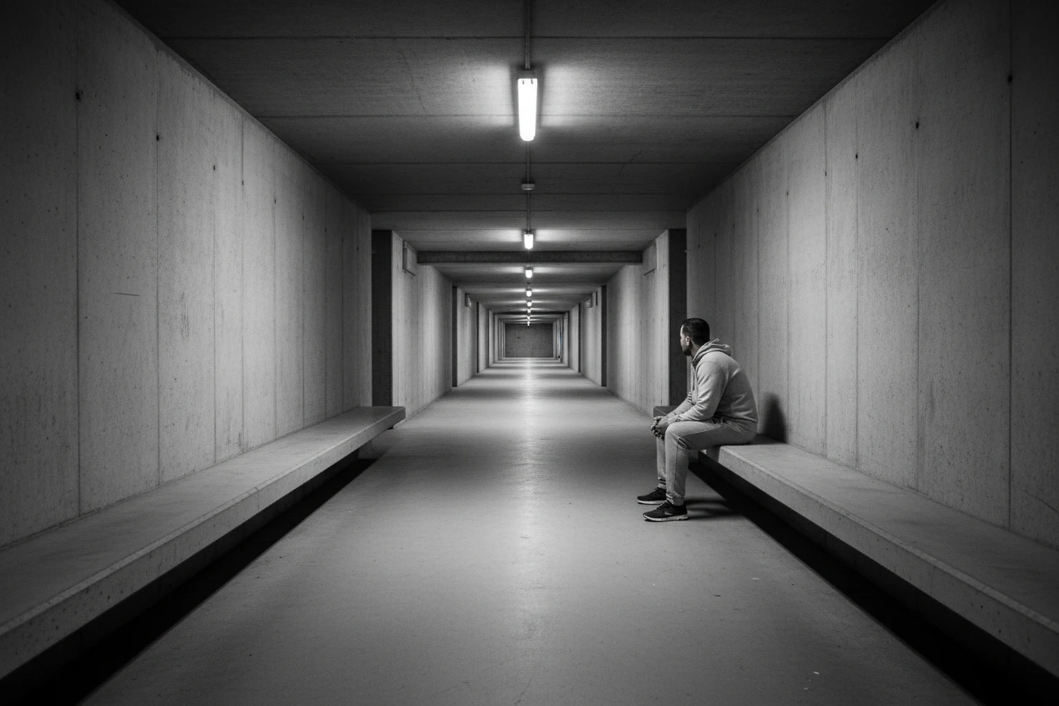 A black-and-white photograph of one person in a hooded sweatshirt sitting alone on a concrete bench in a long, empty, fluorescent-lit corridor