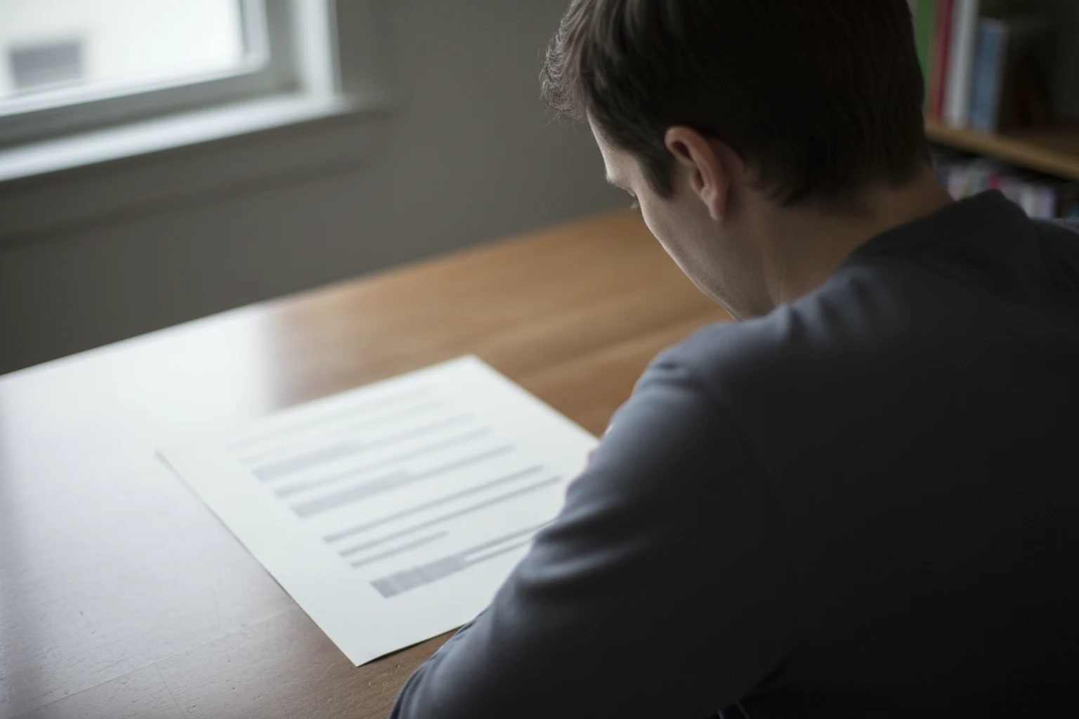 Seen over his shoulder, a man sitting at a wooden desk reads a single printed sheet whose lines of text are blurred and unreadable