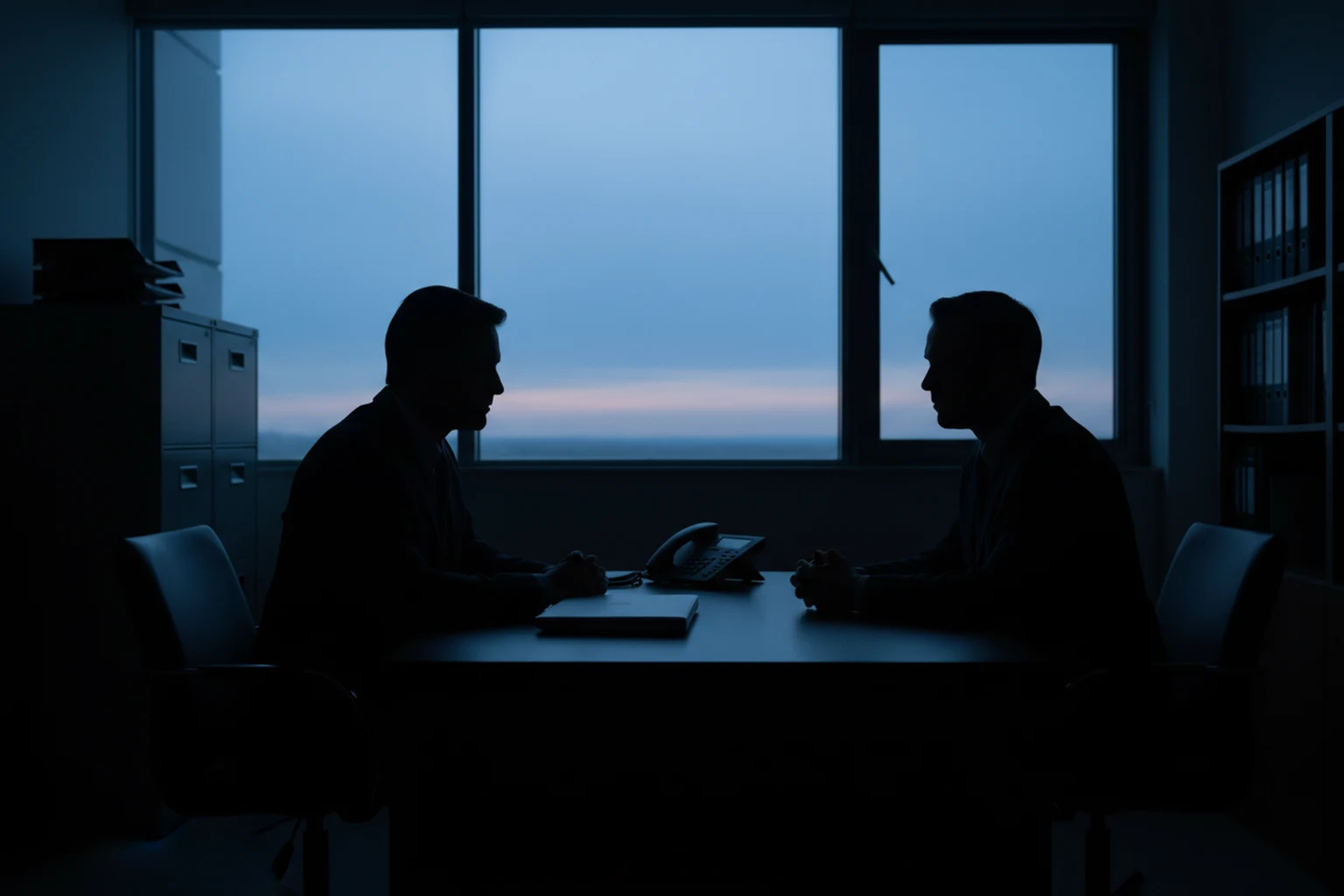 Two figures in near-silhouette facing each other across a desk in a darkened office at dusk, a telephone and a closed laptop on the desk between them