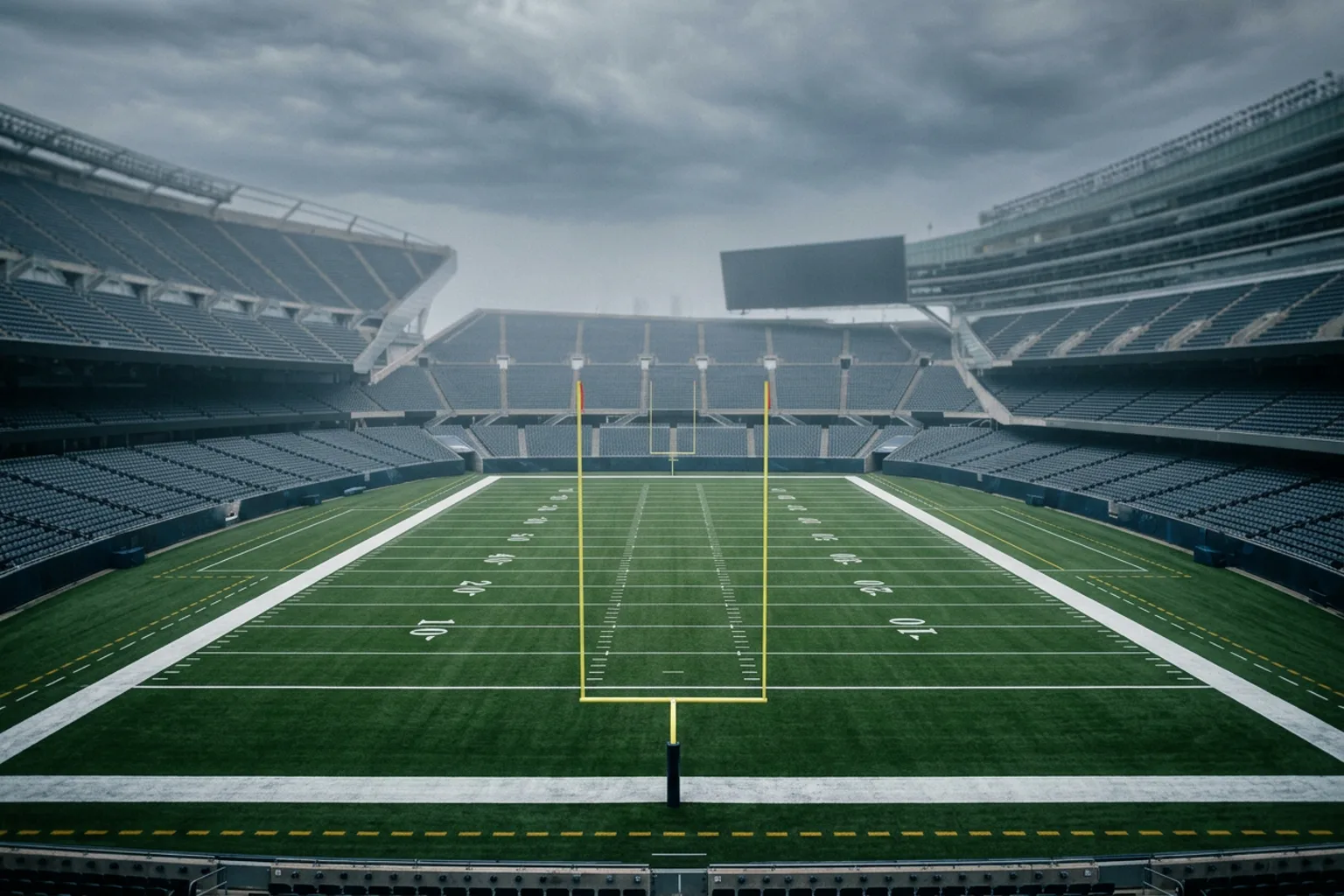 An empty open-air stadium bowl and marked American football field under grey overcast light