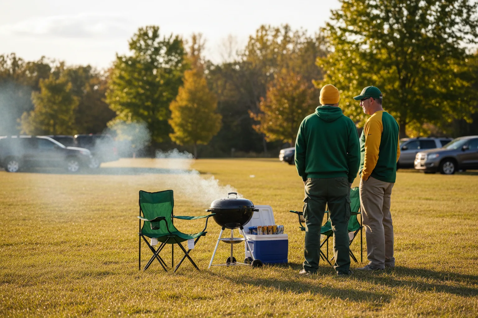 An early-autumn tailgate with a smoking kettle grill and green-and-gold chairs on the grass
