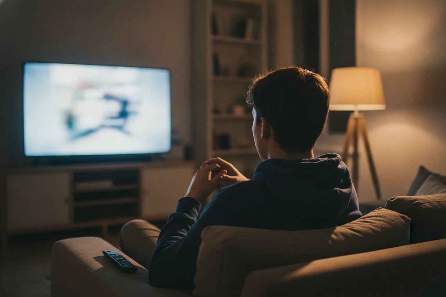 A young fan in a navy hooded sweatshirt watching a game on a television in a dim room, seen over the shoulder