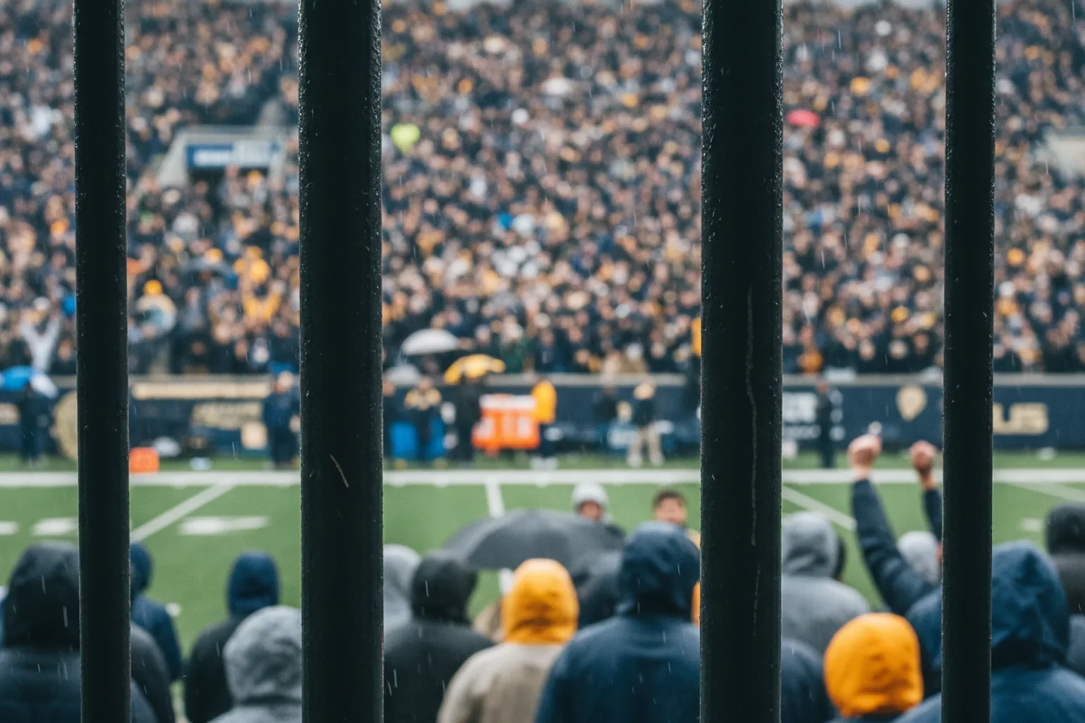 A navy-and-gold crowd and a slice of green field framed between two stadium railing bars in the rain