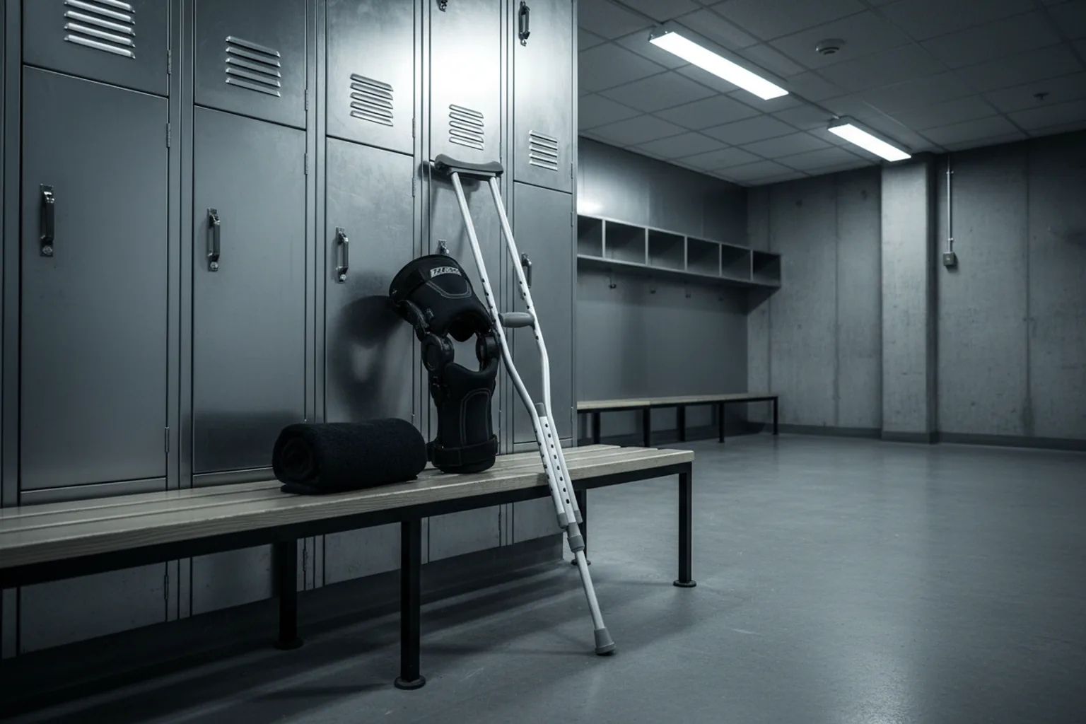 A black knee brace and aluminium crutches propped against a locker door