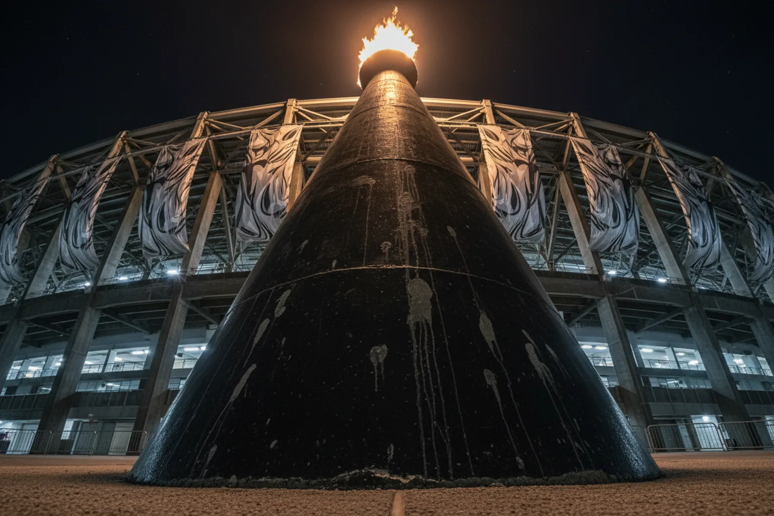 Looking up a black stadium column toward silver-and-black banners and a lit cauldron at night