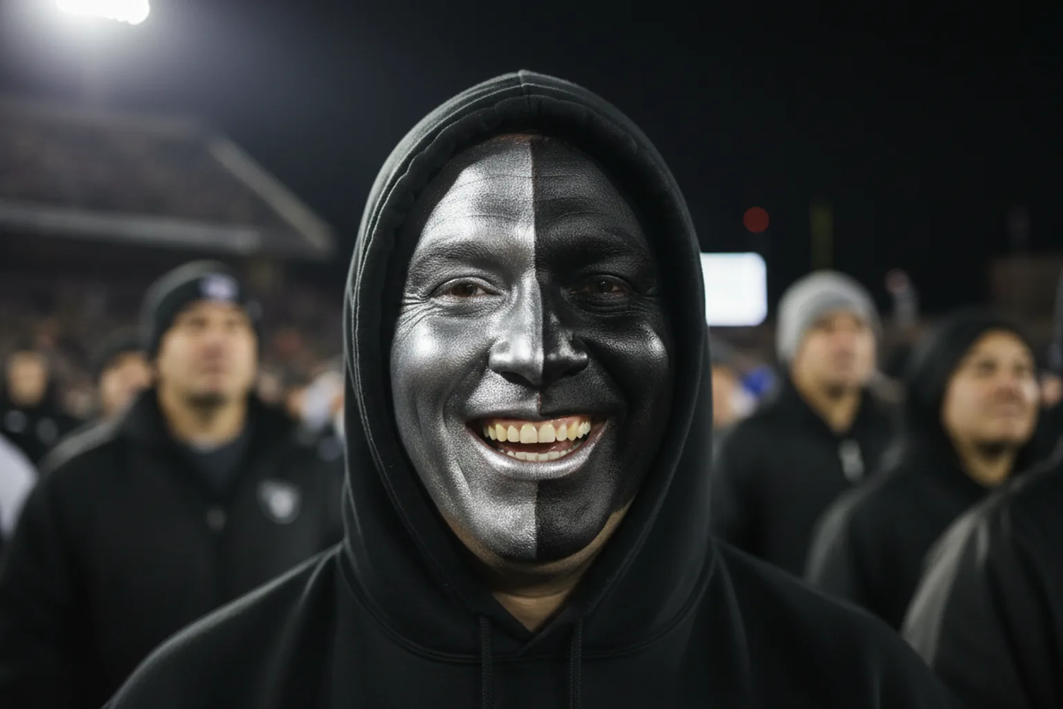 A fan with silver and black face paint grinning with anticipation before kickoff