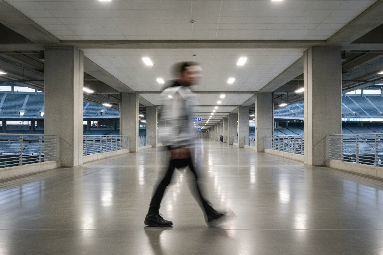 A motion-blurred figure walking through an empty indoor stadium concourse, the concrete architecture sharp behind them