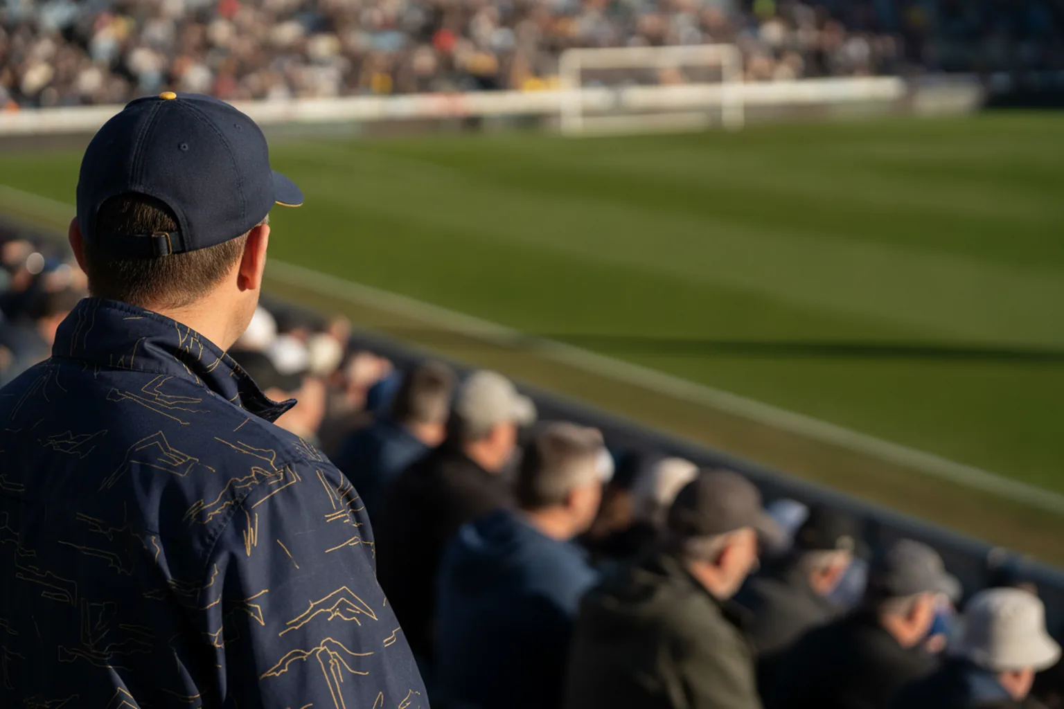 Over the shoulder of a fan in a navy-and-gold jacket looking out at a sunlit field