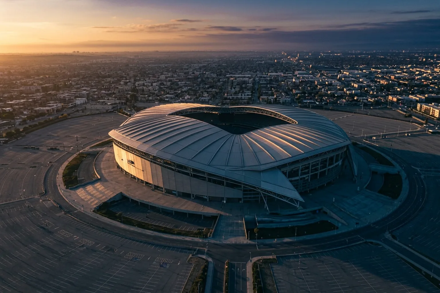 An aerial view of a large stadium's curved exterior roof at dusk, with the city beyond