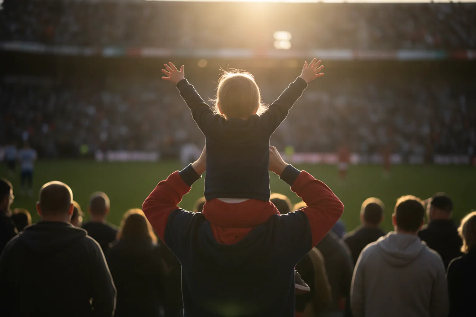 An adult lifting a child onto their shoulders from behind, the child's arms flung up in celebration