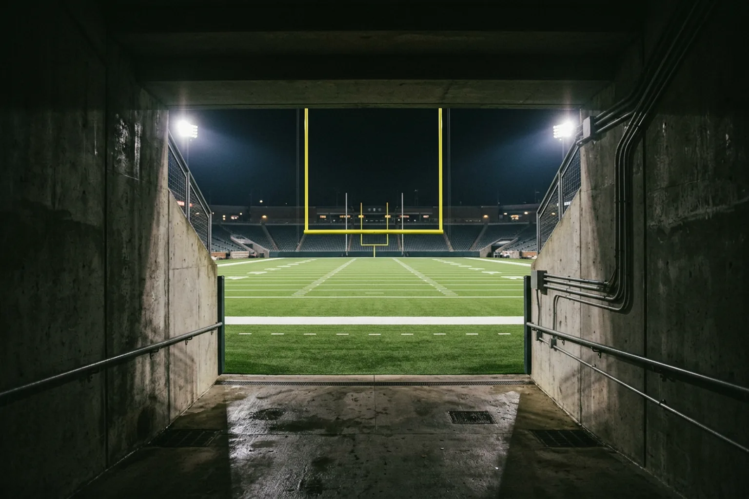 The dark mouth of a player tunnel opening onto a floodlit American football field at night