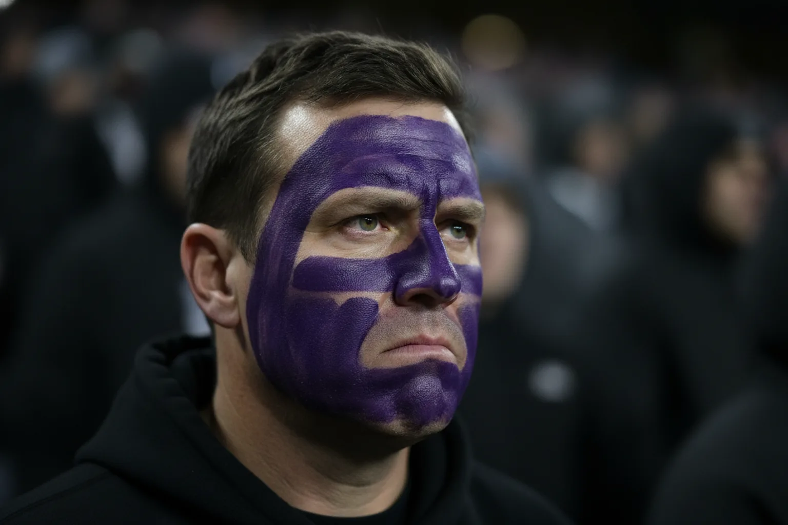 A fan with purple face paint watching intently from a stadium stand, framed from the shoulders up
