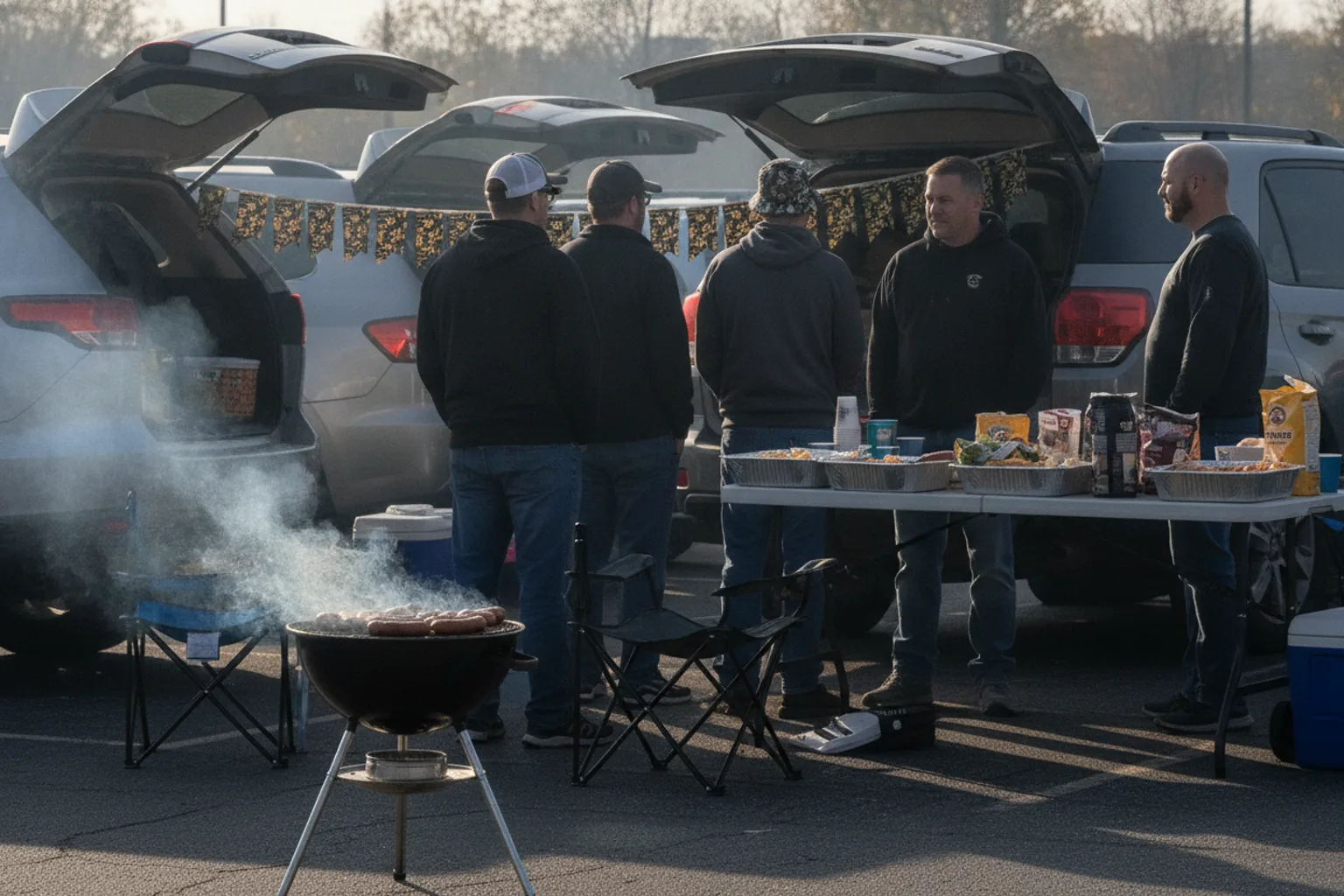 A tailgate in a stadium parking lot with a smoking grill, folding chairs and a table of food