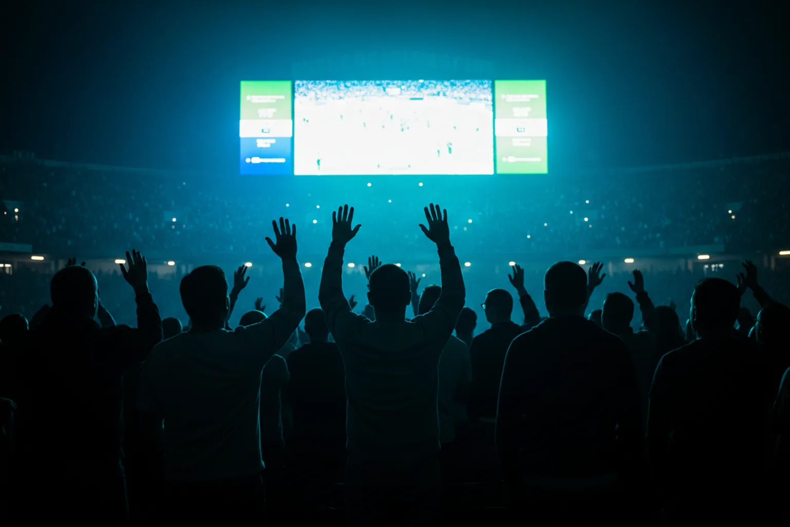 Rows of fans silhouetted against a huge stadium video screen glowing navy and green