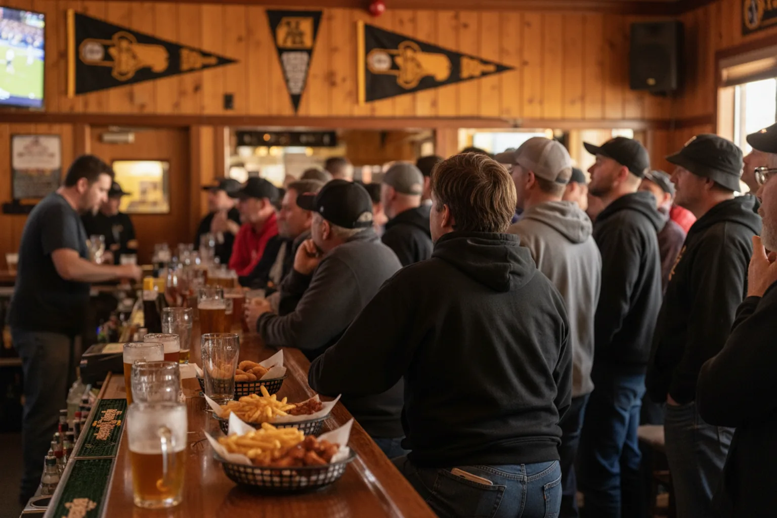 The warm interior of a crowded neighbourhood sports bar with black-and-gold pennants