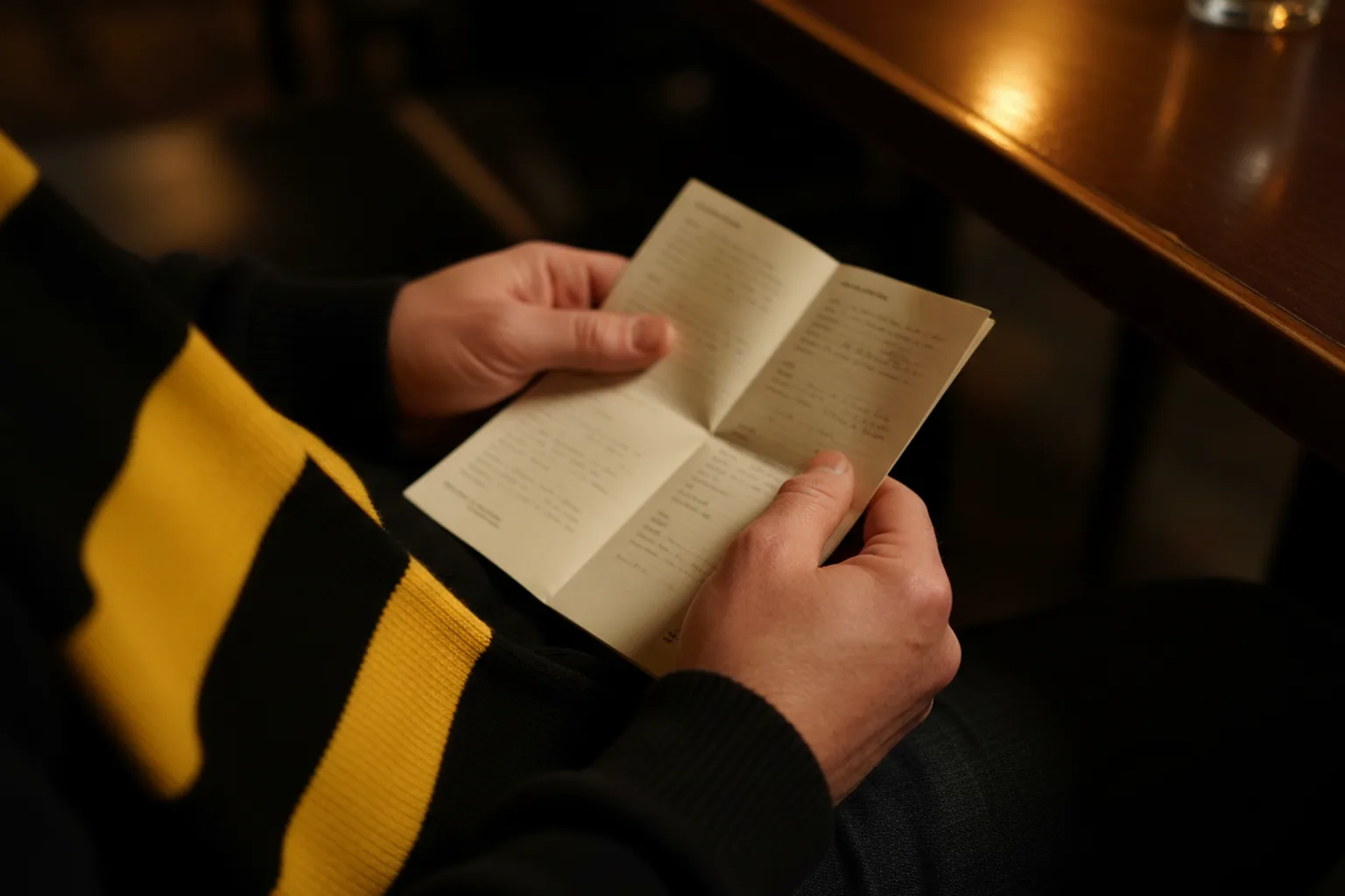 A close-up of a person's hands holding an open paper game program in their lap, wearing a black and gold striped scarf, seated indoors in warm lamplight