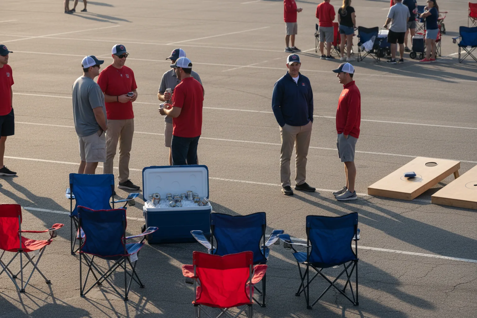 Fans at a sunny pre-game tailgate with folding chairs, a cooler and a cornhole game on the parking lot