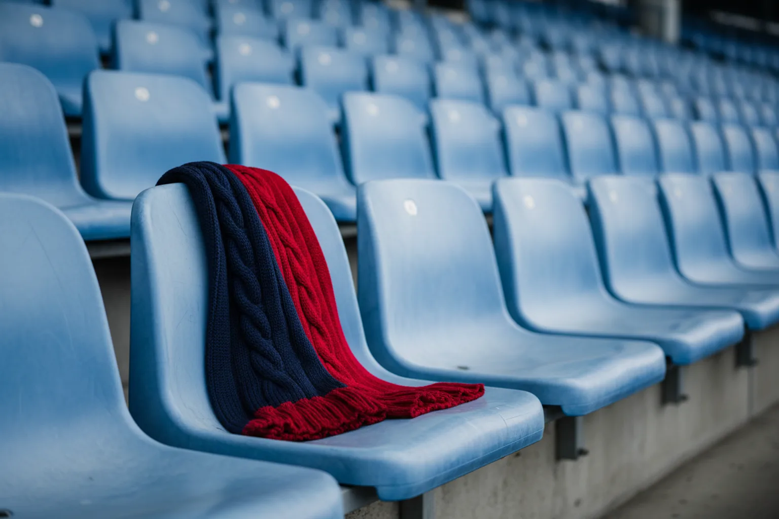 A navy and red knitted scarf draped over the back of an empty stadium seat, rows of empty seats out of focus behind it