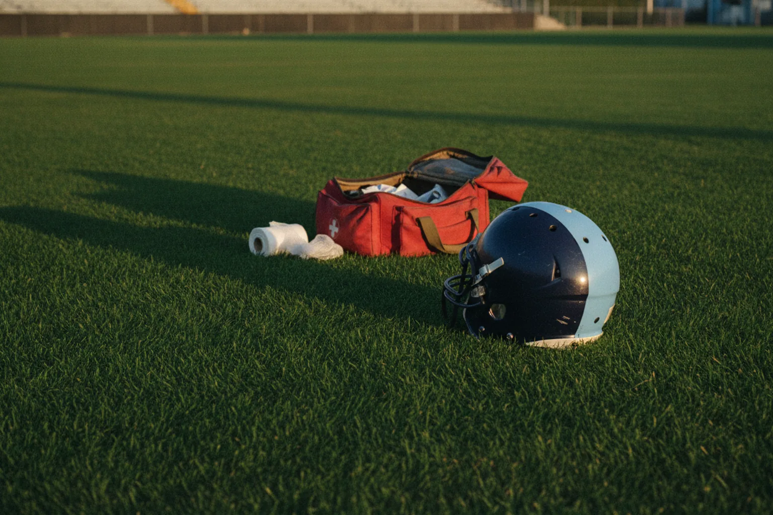 A lone navy-and-light-blue football helmet on the turf beside an open medical kit