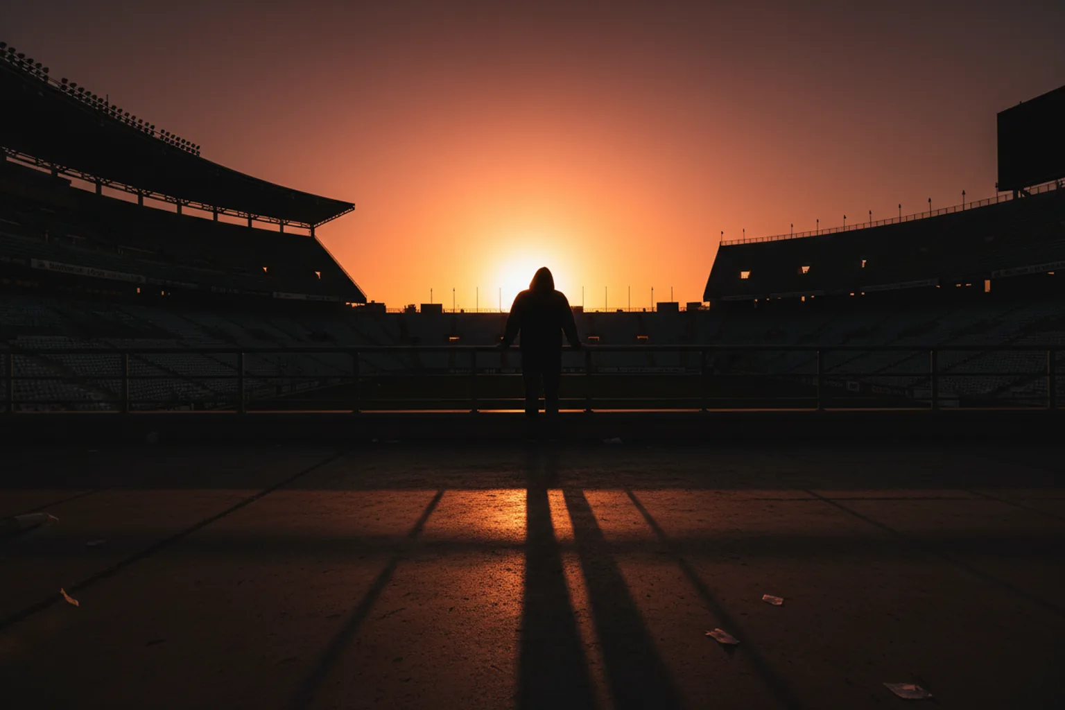 A lone fan silhouetted against a red-orange sunset, leaning on a stadium railing