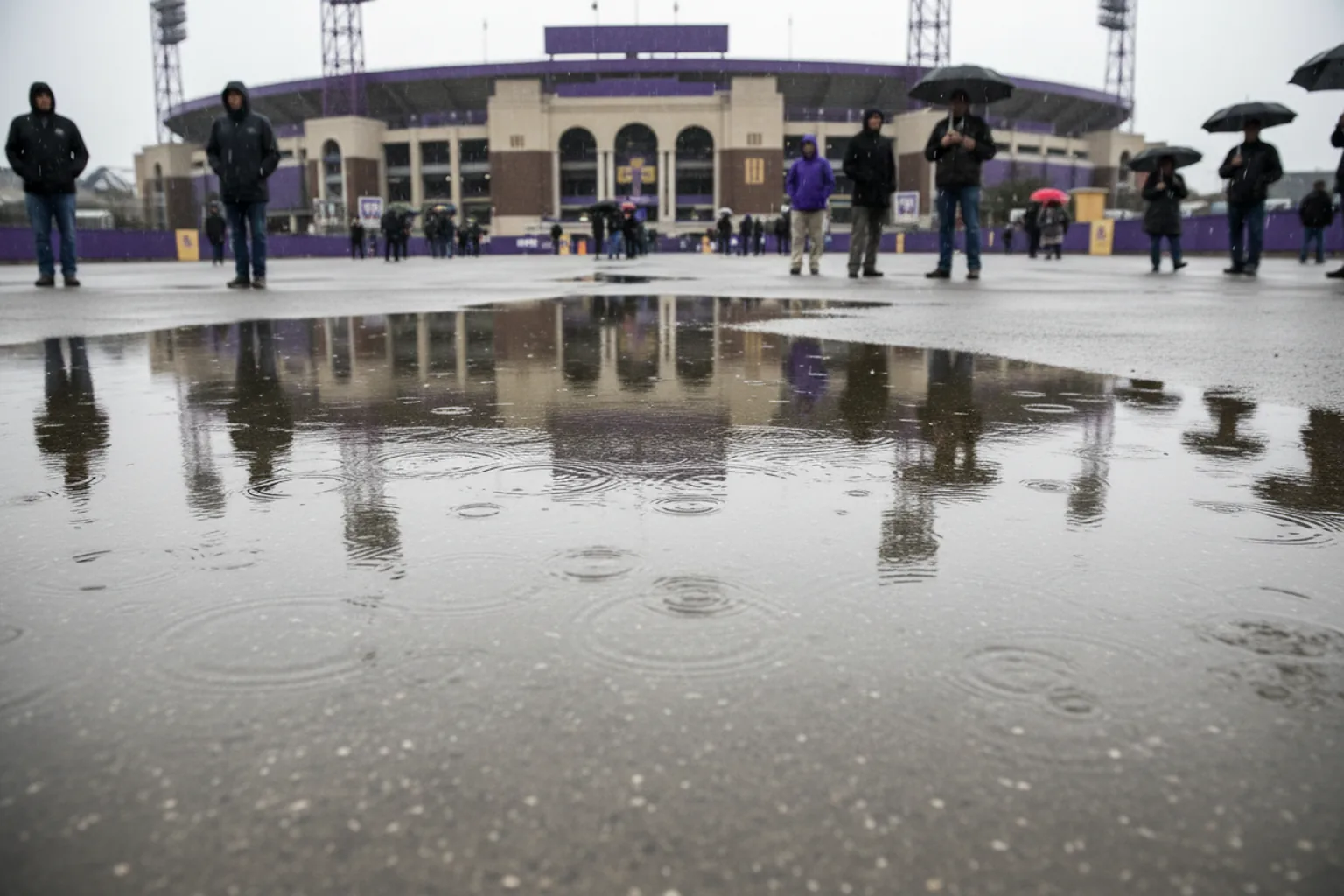 A purple stadium facade reflected upside down in a rain puddle on the concrete