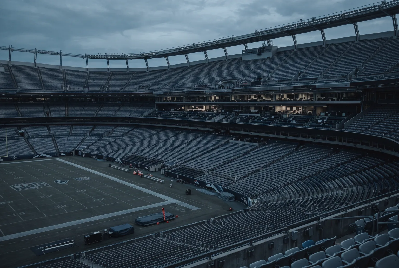 Empty NFL stadium press box and sideline at dusk, quiet and still