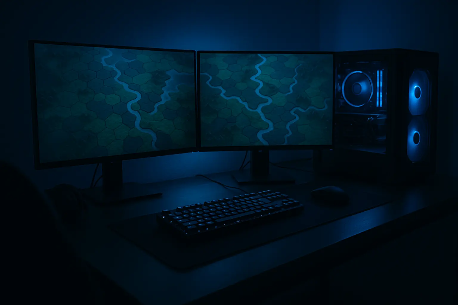Moody blue-lit gaming PC setup with dual monitors
